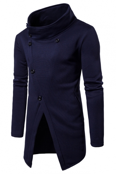 Mens Simple Plain Unique Oblique Button Front Stand Collar Long Sleeve Longline Sweatshirt Coat