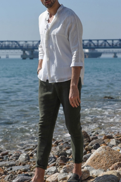 POHOK Mens Tops Seven-Quarter Sleeve Mens Linen Button Three Quarter Sleeve Solid Color Loose Casual T Shirt Blouse 