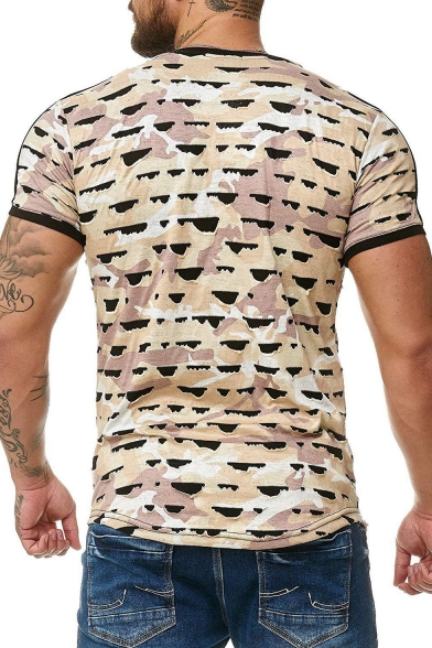 Mens Summer Cool Unique Camo Printed Round Neck Short Sleeve Fitted T-Shirt