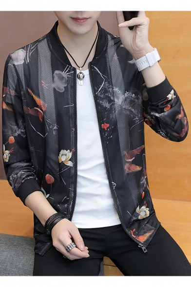 Mens Summer Fashion Print Stand Collar Long Sleeve Zip Up Lightweight Jacket