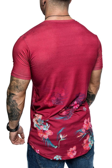 Mens Summer Hot Popular Floral Printed Round Neck Short Sleeve Fitted Hipster T-Shirt