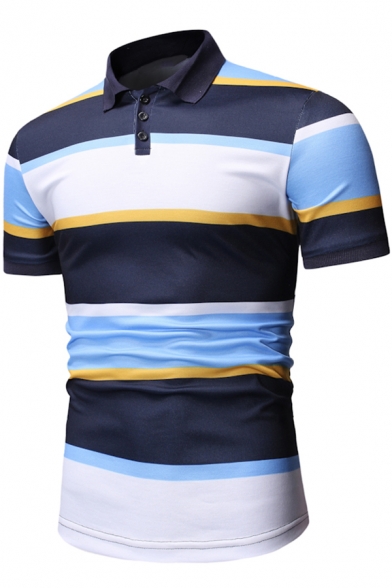 Mens Summer Trendy Three-Button Front Short Sleeve Striped Print Slim Polo Shirt