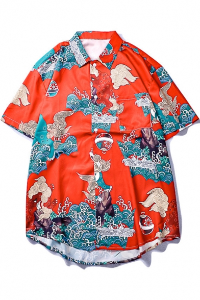 Mens Summer Trendy Ukiyo-e Style Sea Wave Printed Short Sleeve Red Beach Shirt
