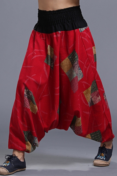National Style Unique Printed Loose Fit Elastic Waist Baggy Drop-Crotch Harem Pants