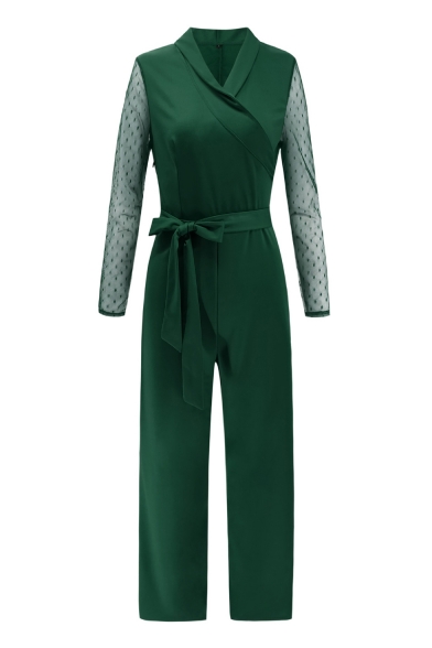 New Arrival Plunge V-Neck Lapel Collar Sheer Mesh Patchwork Self-Tie Slim Fitted Jumpsuits