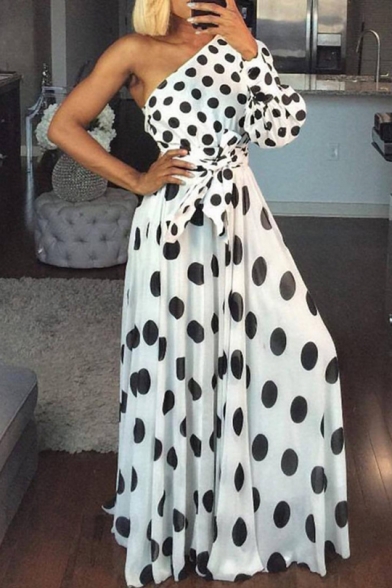 New Arrival Polka Dot One Shoulder One Sleeves High Waist Self Tie Flare Maxi Party Dress