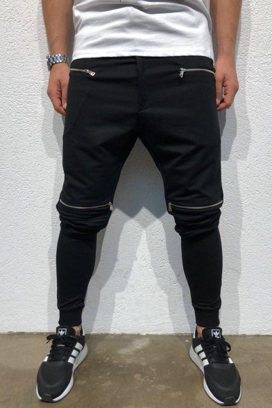 New Fashion Solid Color Pleated Detail Zipper Embellishment Men's Casual Elastic Pencil Pants