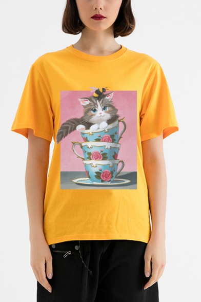 New Stylish Funny Teacup Cat Print Cotton Loose Straight Short Sleeve Tee