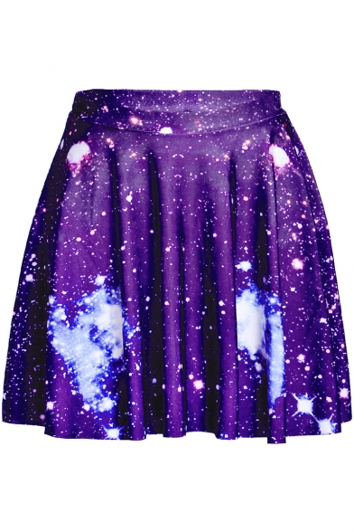 

New Stylish Purple Galaxy Printed High Rise Mini A-Line Pleated Skater Skirt, LM543790