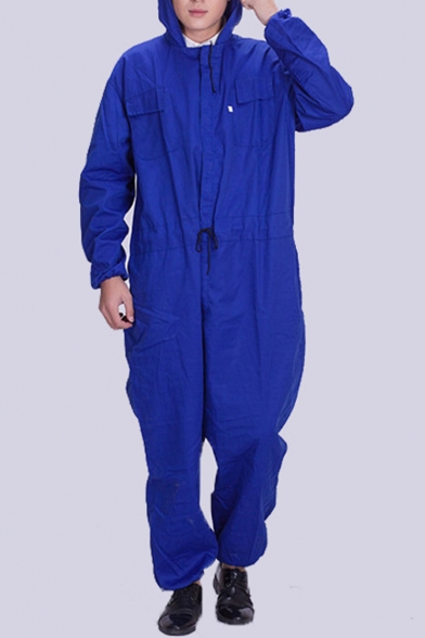 New Stylish Simple Plain Long Sleeve Hooded Blue Dust-proof Mechanic Coveralls for Men
