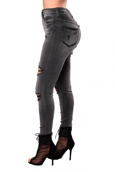 New Stylish Womens Fashion Grey Distressed Ripped Knee Cut Skinny Fit Jeans