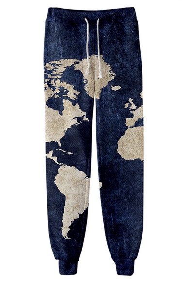 New Stylish World Map 3D Printed Drawstring Waist Casual Cotton Joggers Sweatpants