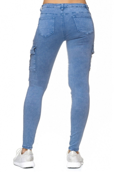 New Trendy Plain Multi Pocket Slim Leg Fitted Denim Pants