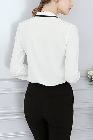 Office Lady Chic Bow-Tied Stand Collar Long Sleeve Button Down Plain Shirt Blouse