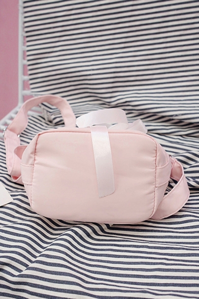 Popular Fashion Flamingo Embroidery Pattern Bow Drawstring Canvas Crossbody Bucket Bag 17*12*23 CM