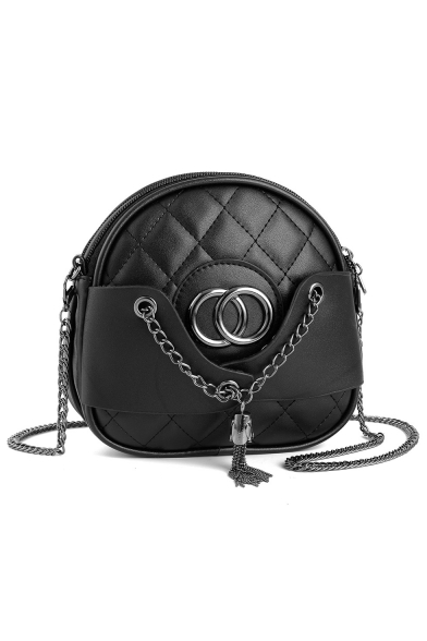 Popular Fashion Solid Color Diamond Check Quilted Metal Chain Tassel Double Ring Embellishment Crossbody Sling Bag