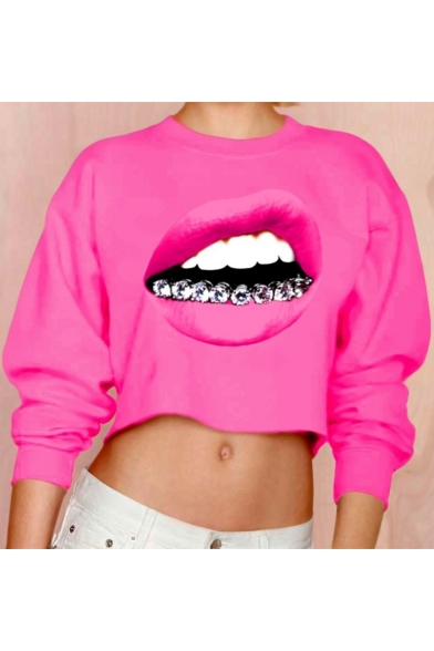 

Sexy Red Lip 3D Printed Crewneck Long Sleeve Rose Red Cropped Sweatshirt, LM544307