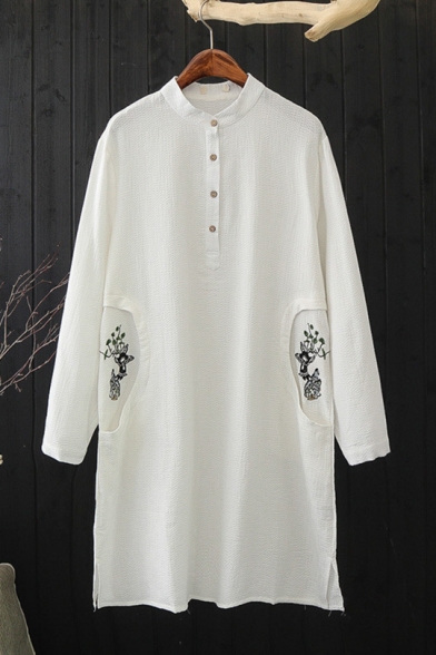Simple Embroidery White Stand Collar Long Sleeve Button Front Longline Shirt Blouse