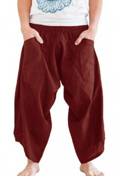 Simple Fashion Solid Color Elastic Cuffs Cropped Wide-Leg Casual Pants for Men
