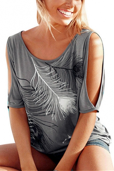Simple Feather Printed Cold Shoulder Round Neck Casual Loose T-Shirt
