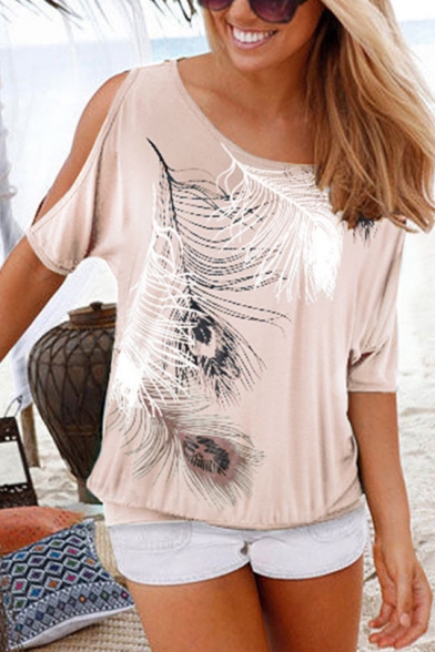 Simple Feather Printed Cold Shoulder Round Neck Casual Loose T-Shirt