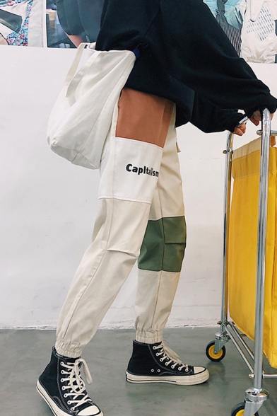 Stylish Color Block Letter CAPLTALISM Print Elastic Cuff Men's Cotton Cargo Pants