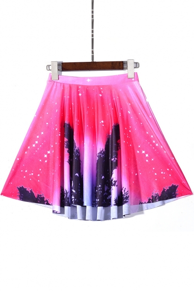 Stylish Red Starry Galaxy Printed High Rise Mini A-Line Pleated Skater Skirt
