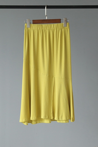 Summer Fashion Simple Plain Elastic Waist Split Side Midi Casual Skirt
