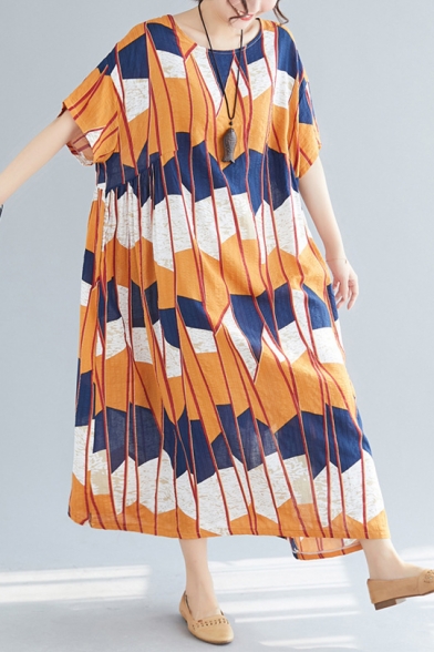 Summer Fashion Tribal Geometric Printed Round Neck Short Sleeve Plus Size Maxi Oversized Dress