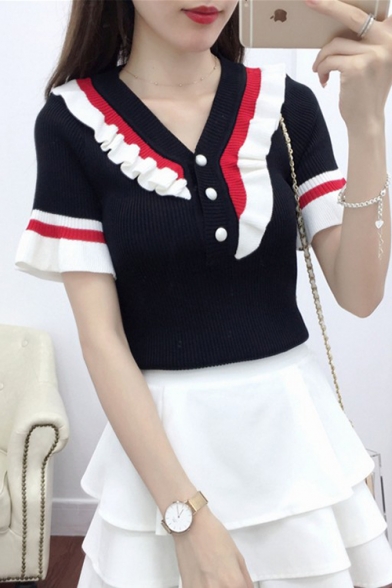 Summer Girls Retro Colorblocked Ruffled Hem Button V-Neck Short Sleeve Knit T-Shirt Top