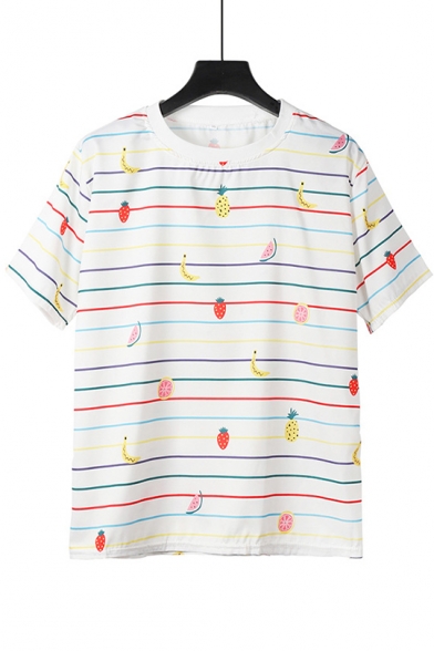 Summer Girls Sweet Fruit Striped White Short Sleeve T-Shirt