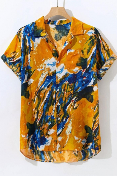 Summer Guys Trendy Yellow Pattern Short Sleeve Casual Loose Cotton Hawaiian Shirt