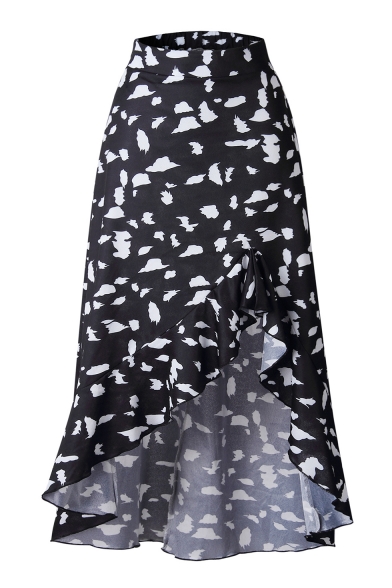 Summer Holiday Classic Polka Dot Printed Ruffled Hem Wrap Front Maxi Skirt