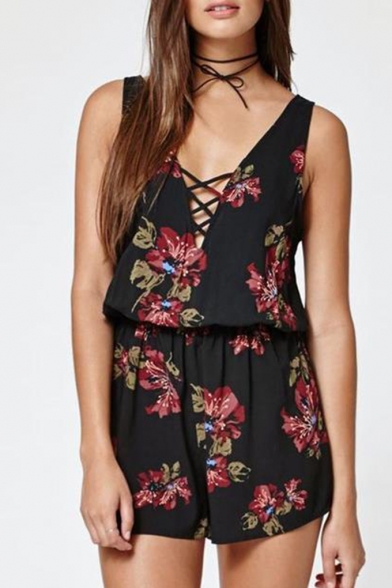 Summer Hot Fashion Plunge V Neck Lace Up Front Sleeveless Black Floral Loose Leisure Rompers