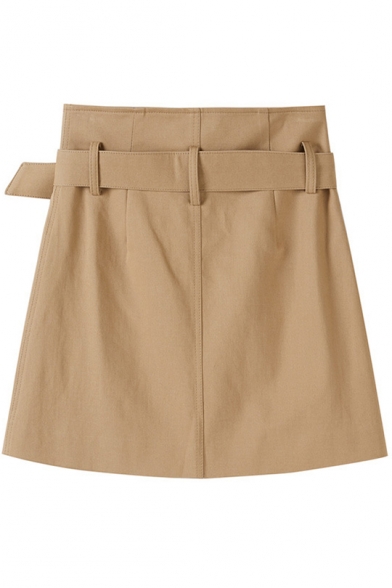 Summer Hot Fashion Vintage Khaki Bucket Belt Front Fake Pocket Embellished Mini A-Line Skirt