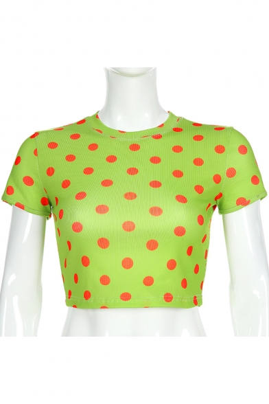 Summer Hot Popular Avocado Green Polka Dot Printed Crewneck Short Sleeve Slim Fit Cropped T-Shirt