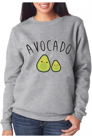 Summer Hot Popular Cartoon Avocado Print Crew Neck Long Sleeve Pullover Sweatshirt