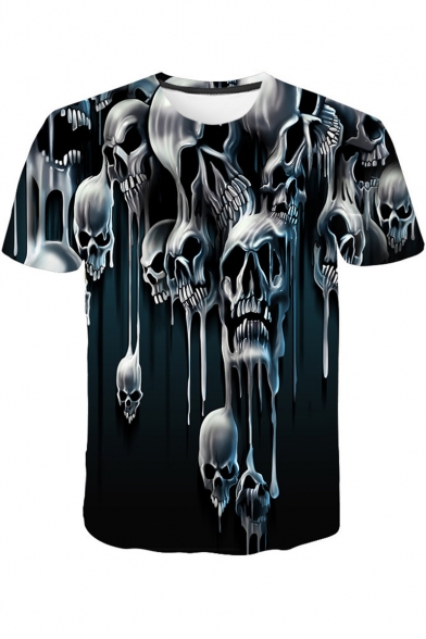 Summer Hot Popular Melting Skull Printed Round Neck Short Sleeve T-Shirt