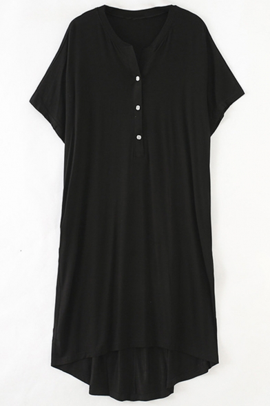 Summer Plain Button Down Oversize Short Sleeve Casual Loose T-Shirt Dress