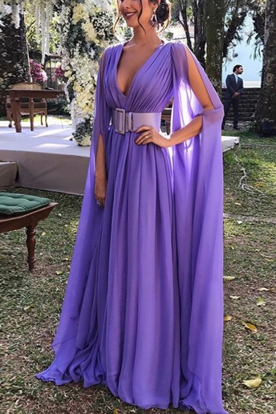 Summer Purple Split Sleeves Plunge V Neck Elegant Evening Dress (Pictures for Reference)