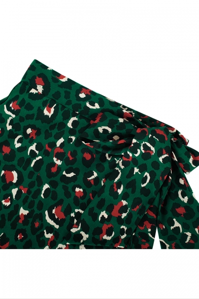 Summer Hot Sexy Fashion Green Leopard Print Tie Waist Split Midi A-Line Skirt for Holiday