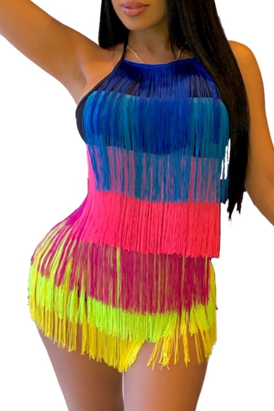 

Summer Hot Stylish Rainbow Fringe Trim Halter Neck Sleeveless Tie-Back Backless Sexy Rompers, LM550319