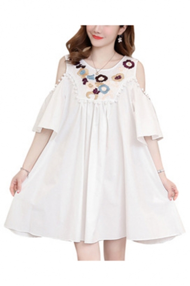 Summer Hot Trendy Oversize Cold Shoulder Flare Sleeve Pom Pom Embellished Floral Printed Maternity Mini A-Line Dress