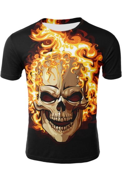 Summer Mens Cool Fire Skull 3D Printed Round Neck Short Sleeve Black Tee