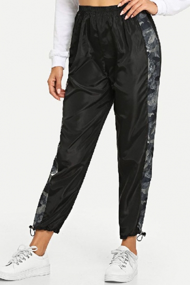 Summer New Arrival Black Elastic Waist Camo Side Drawstring Cuff Casual Loose Ankle Gazer Track Pants