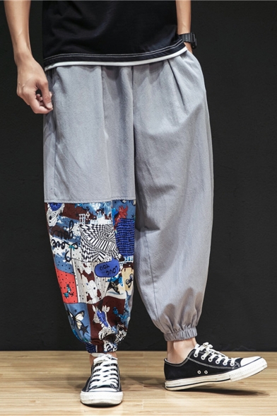 Summer New Fashion Chinese Style Printed Linen Cropped Wide-Leg Casual Pants for Men
