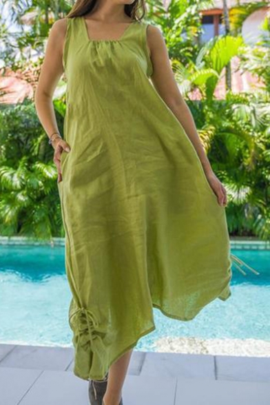 Summer New Fashion Cool Square Neck Sleeveless Drawstring Hem Maxi Casual Linen Tank Dress