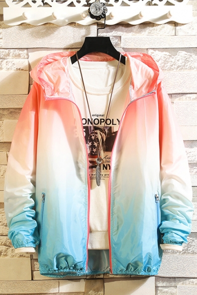 Summer Outdoor Sun Protection Fashion Ombre Color Zip Up Hooded Skin Jacket Coat