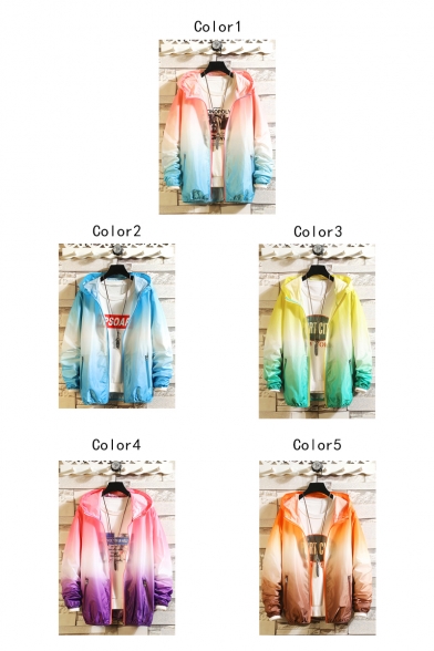 Summer Outdoor Sun Protection Fashion Ombre Color Zip Up Hooded Skin Jacket Coat