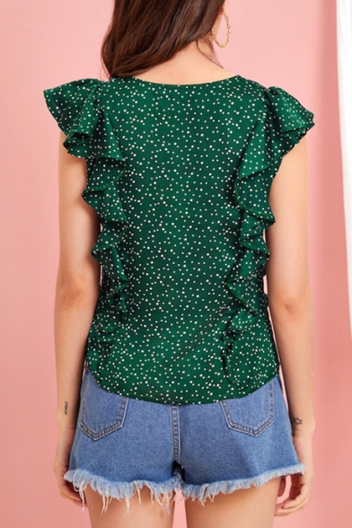 Summer Popular Green Polka Dot Print Flutter Sleeve V-Neck Casual Blouse Top